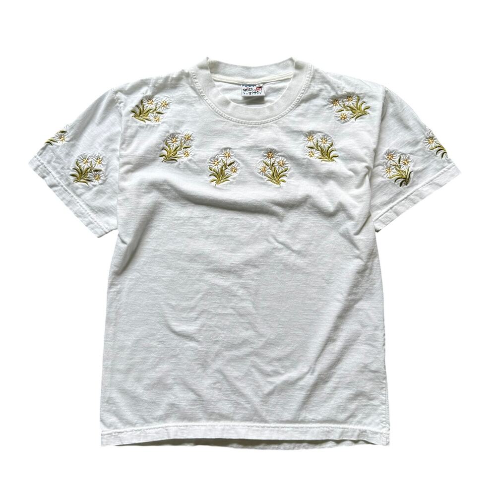 Swiss Alp Fantasy Embroidered Edelweiss Cotton T-Shirt S